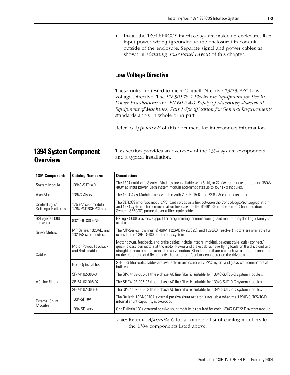 Low voltage directive, 1394 system component overview, Low voltage directive -3 | 1394 system component overview -3 | Rockwell Automation 1394 SERCOS Interface Multi-Axis Motion Control System Installation Manual User Manual | Page 13 / 147
