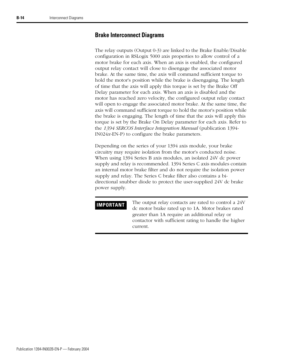 Brake interconnect diagrams, B-14, Brake interconnect diagrams on | Rockwell Automation 1394 SERCOS Interface Multi-Axis Motion Control System Installation Manual User Manual | Page 130 / 147