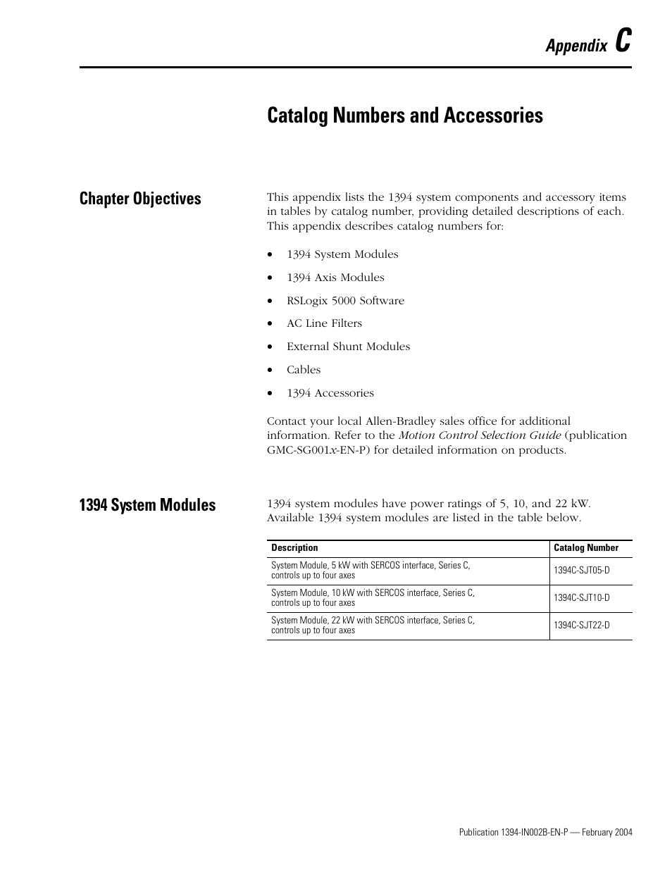 Appendix c - catalog numbers and accessories, Chapter objectives, 1394 system modules | Appendix c, Catalog numbers and accessories, Appendix | Rockwell Automation 1394 SERCOS Interface Multi-Axis Motion Control System Installation Manual User Manual | Page 135 / 147