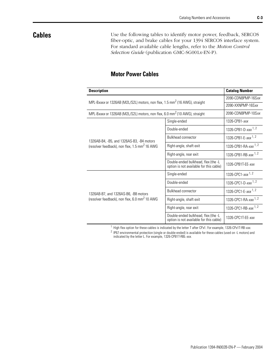 Cables, Motor power cables | Rockwell Automation 1394 SERCOS Interface Multi-Axis Motion Control System Installation Manual User Manual | Page 137 / 147
