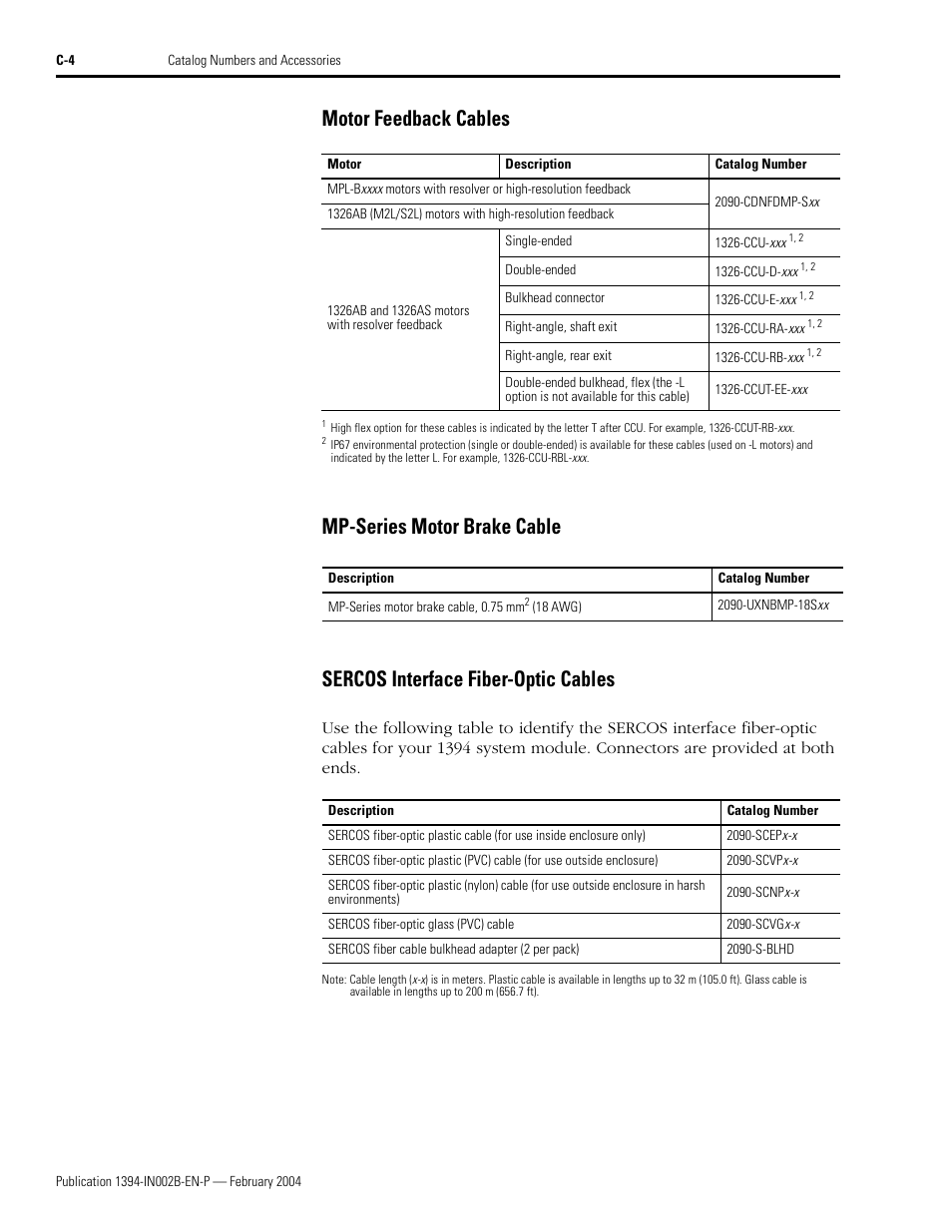 Motor feedback cables, Mp-series motor brake cable, Sercos interface fiber-optic cables | Rockwell Automation 1394 SERCOS Interface Multi-Axis Motion Control System Installation Manual User Manual | Page 138 / 147