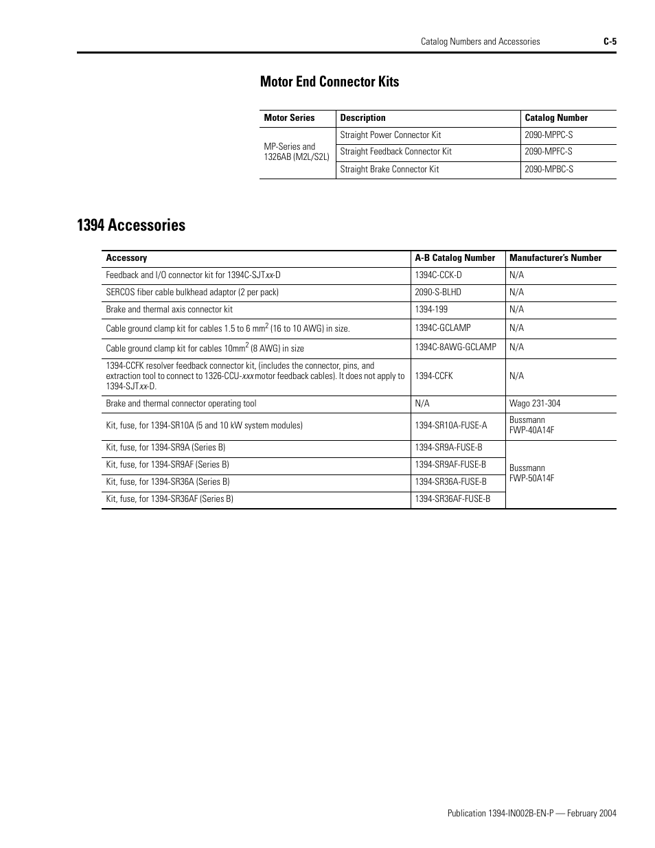 Motor end connector kits, 1394 accessories | Rockwell Automation 1394 SERCOS Interface Multi-Axis Motion Control System Installation Manual User Manual | Page 139 / 147