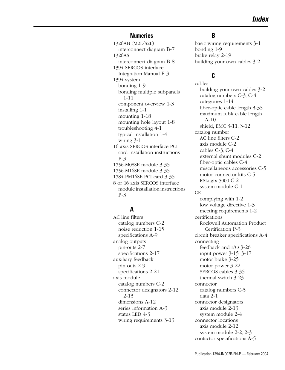 Index, Numerics | Rockwell Automation 1394 SERCOS Interface Multi-Axis Motion Control System Installation Manual User Manual | Page 141 / 147