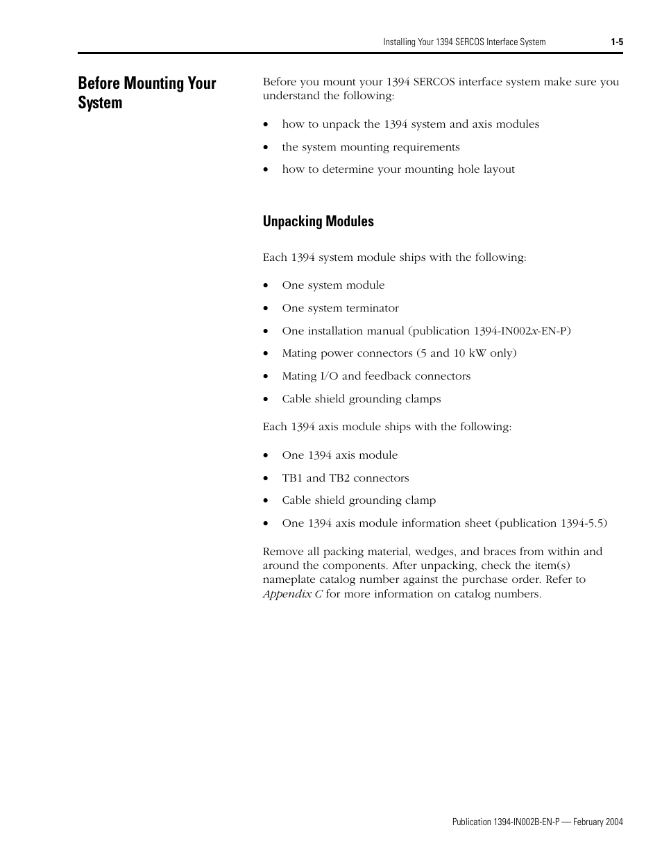 Before mounting your system, Unpacking modules, Before mounting your system -5 | Unpacking modules -5 | Rockwell Automation 1394 SERCOS Interface Multi-Axis Motion Control System Installation Manual User Manual | Page 15 / 147