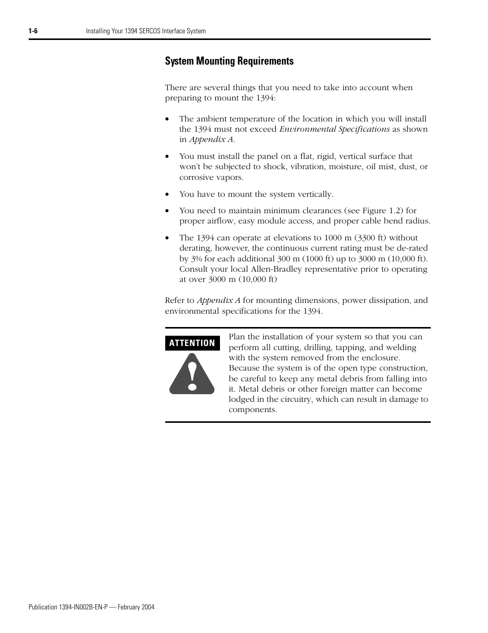 System mounting requirements, System mounting requirements -6 | Rockwell Automation 1394 SERCOS Interface Multi-Axis Motion Control System Installation Manual User Manual | Page 16 / 147