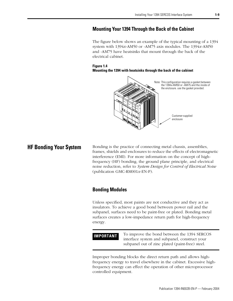 Mounting your 1394 through the back of the cabinet, Hf bonding your system, Bonding modules | Hf bonding your system -9, Bonding modules -9 | Rockwell Automation 1394 SERCOS Interface Multi-Axis Motion Control System Installation Manual User Manual | Page 19 / 147