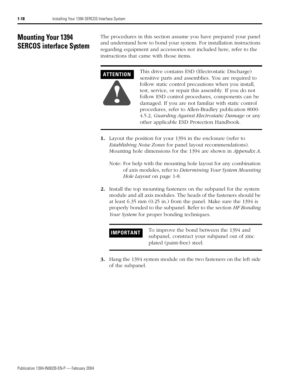 Mounting your 1394 sercos interface system, Mounting your 1394 sercos interface system -18 | Rockwell Automation 1394 SERCOS Interface Multi-Axis Motion Control System Installation Manual User Manual | Page 28 / 147
