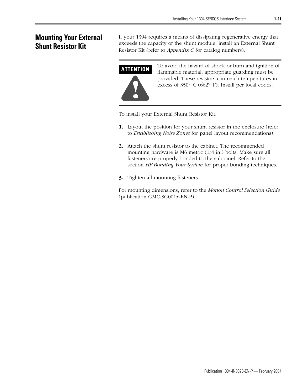 Mounting your external shunt resistor kit, Mounting your external shunt resistor kit -21 | Rockwell Automation 1394 SERCOS Interface Multi-Axis Motion Control System Installation Manual User Manual | Page 31 / 147