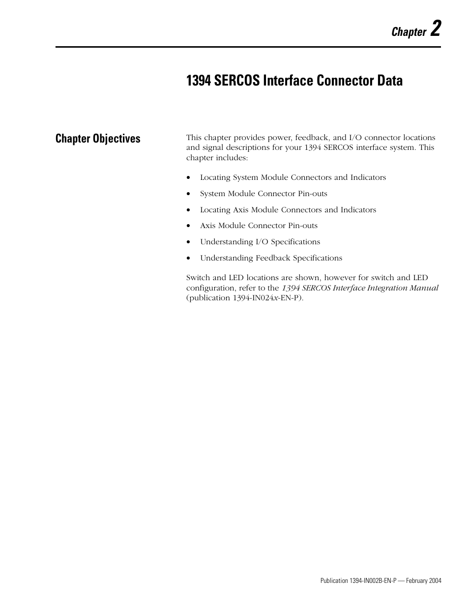 Chapter 2 - 1394 sercos connector data, Chapter objectives, Chapter 2 | 1394 sercos interface connector data, Chapter objectives -1, Chapter | Rockwell Automation 1394 SERCOS Interface Multi-Axis Motion Control System Installation Manual User Manual | Page 33 / 147