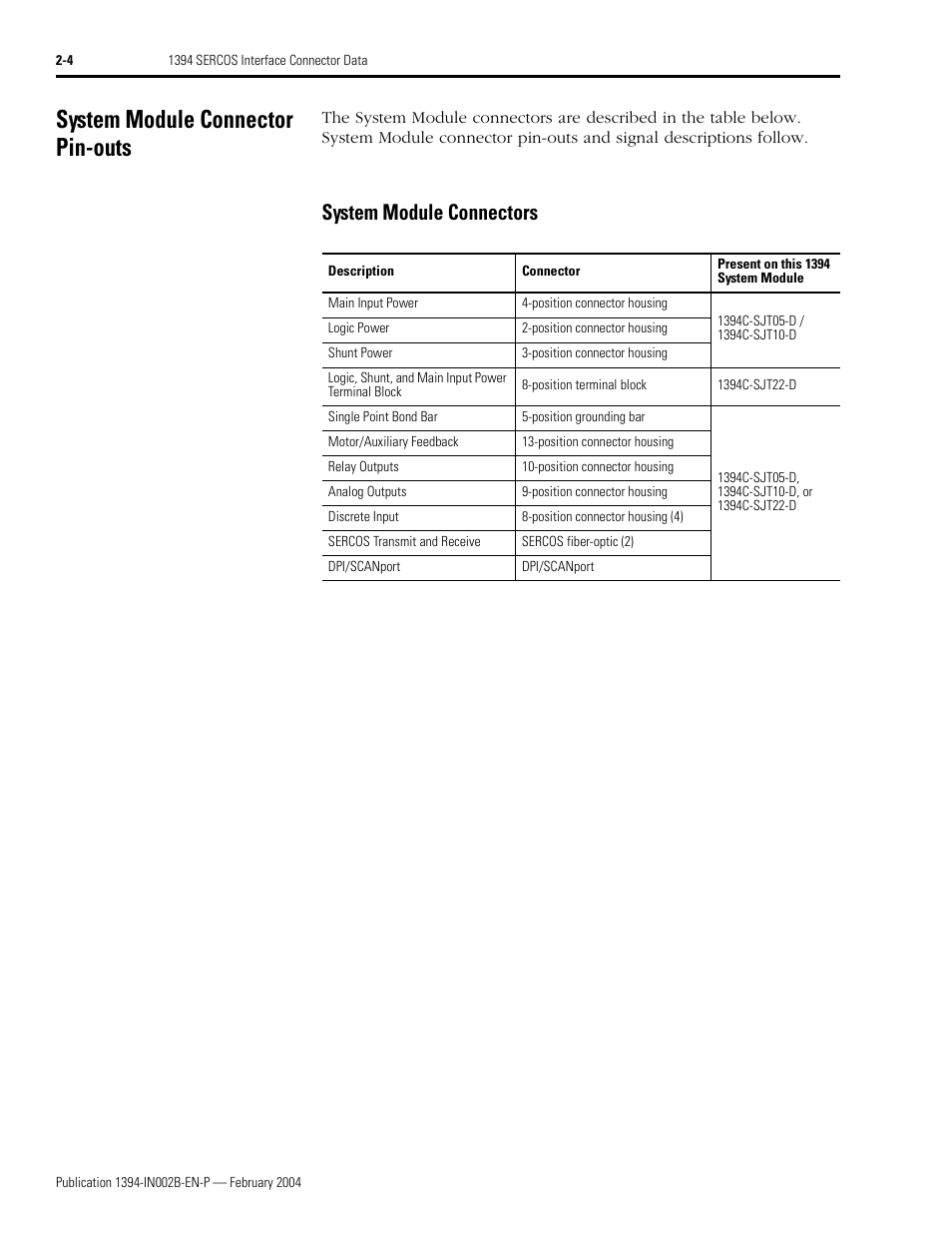 System module connector pin-outs, System module connectors, System module connector pin-outs -4 | System module connectors -4 | Rockwell Automation 1394 SERCOS Interface Multi-Axis Motion Control System Installation Manual User Manual | Page 36 / 147