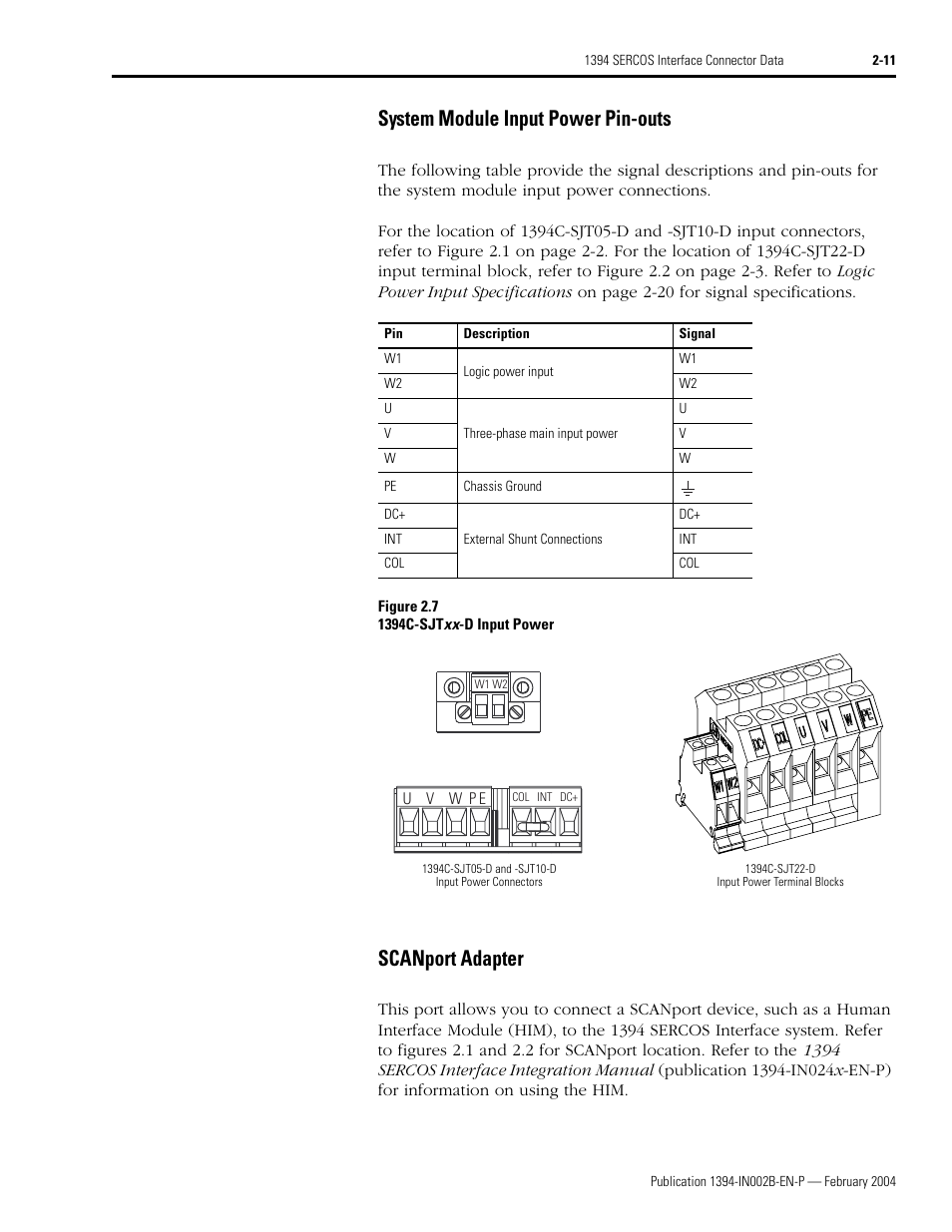 System module input power pin-outs, Scanport adapter | Rockwell Automation 1394 SERCOS Interface Multi-Axis Motion Control System Installation Manual User Manual | Page 43 / 147