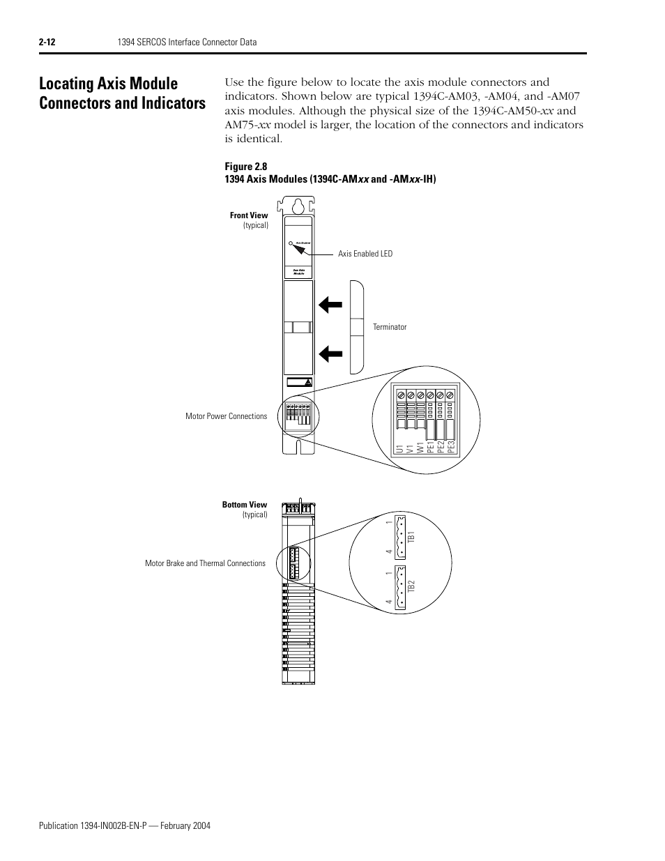 Locating axis module connectors and indicators, Locating axis module connectors and indicators -12 | Rockwell Automation 1394 SERCOS Interface Multi-Axis Motion Control System Installation Manual User Manual | Page 44 / 147