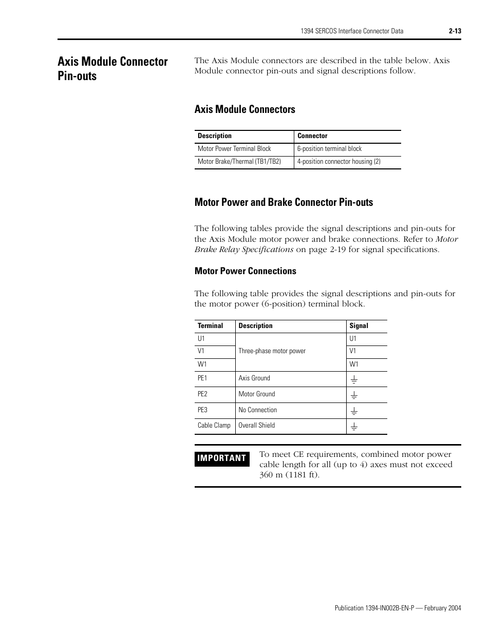 Axis module connector pin-outs, Axis module connectors, Motor power and brake connector pin-outs | Axis module connector pin-outs -13 | Rockwell Automation 1394 SERCOS Interface Multi-Axis Motion Control System Installation Manual User Manual | Page 45 / 147
