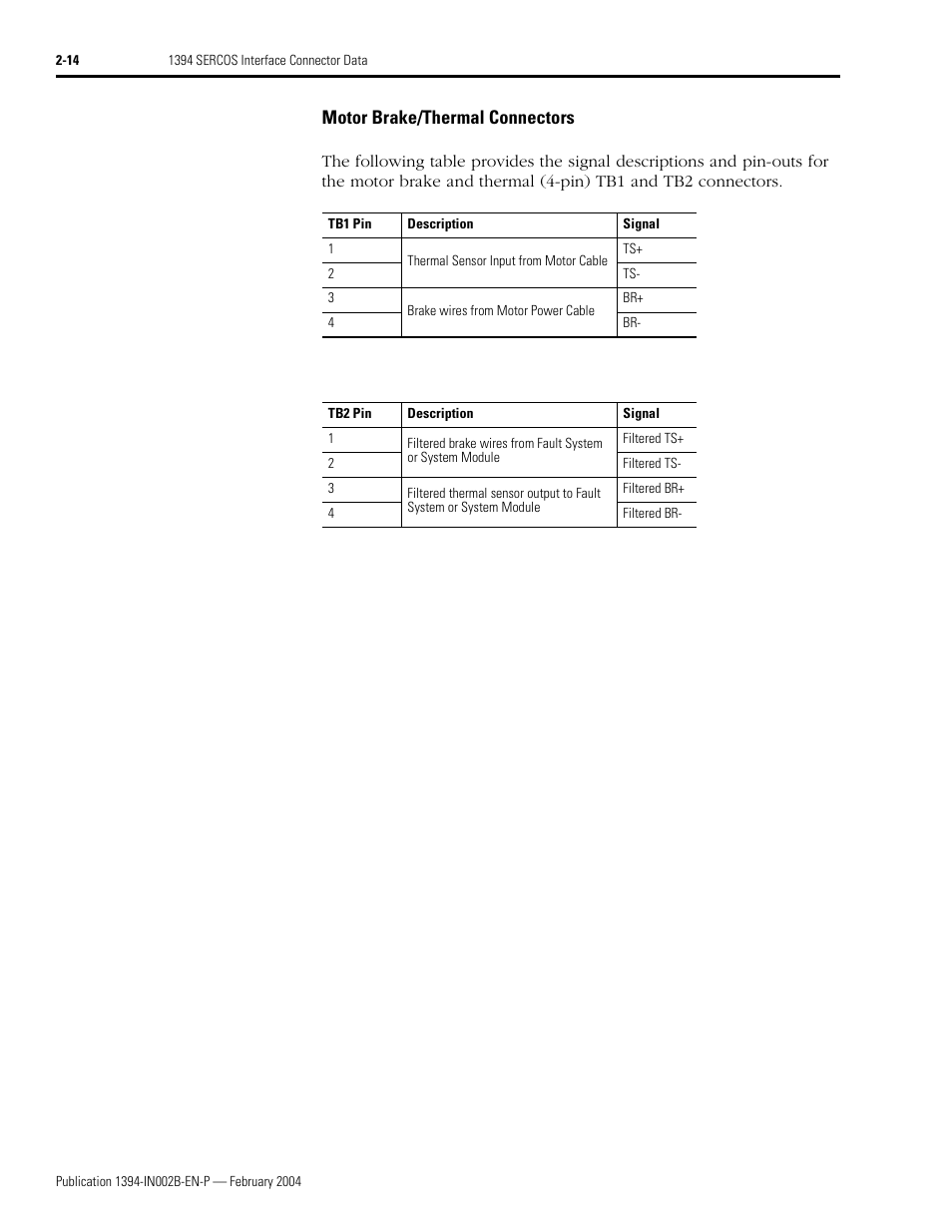 Motor brake/thermal connectors | Rockwell Automation 1394 SERCOS Interface Multi-Axis Motion Control System Installation Manual User Manual | Page 46 / 147