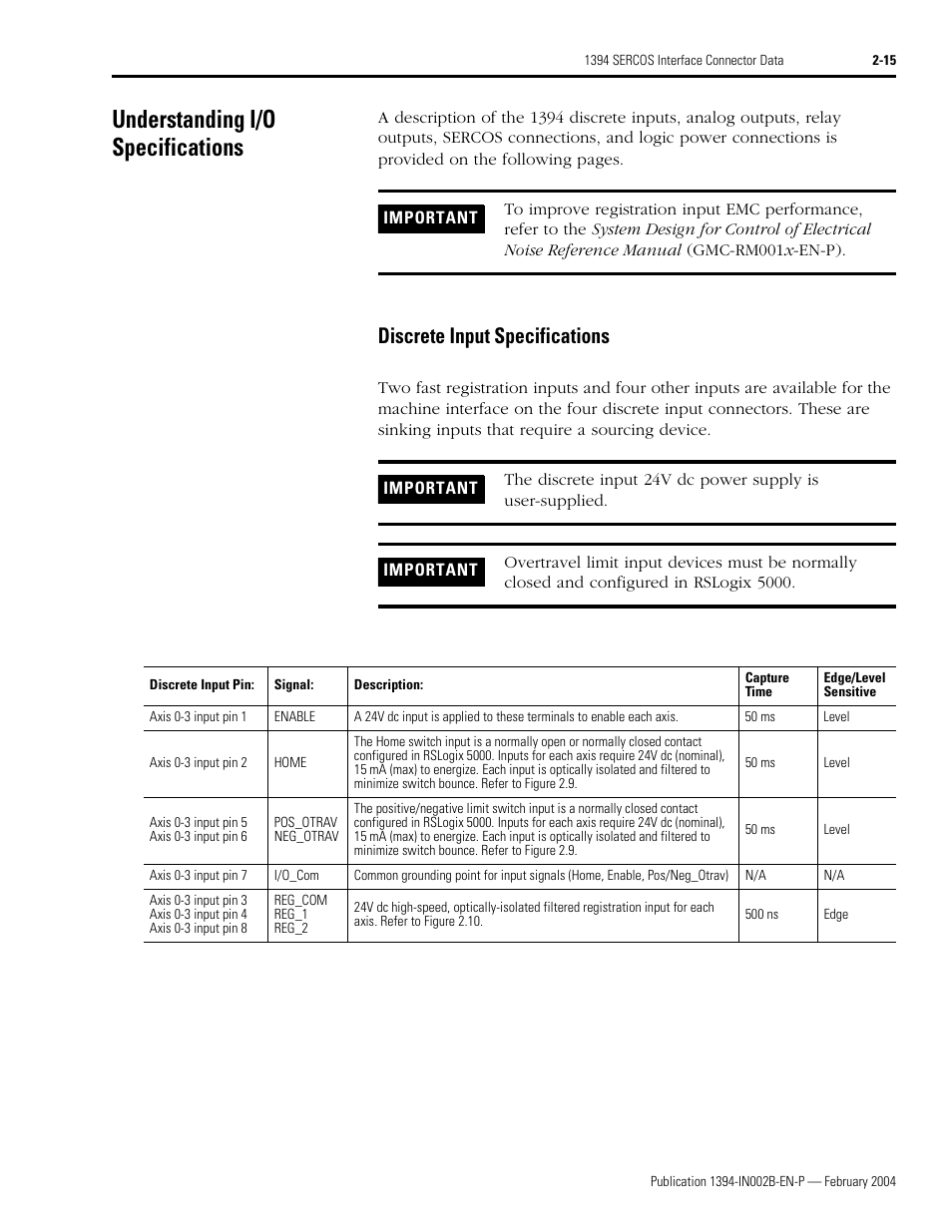 Understanding i/o specifications, Discrete input specifications, Understanding i/o specifications -15 | Discrete input specifications -15 | Rockwell Automation 1394 SERCOS Interface Multi-Axis Motion Control System Installation Manual User Manual | Page 47 / 147