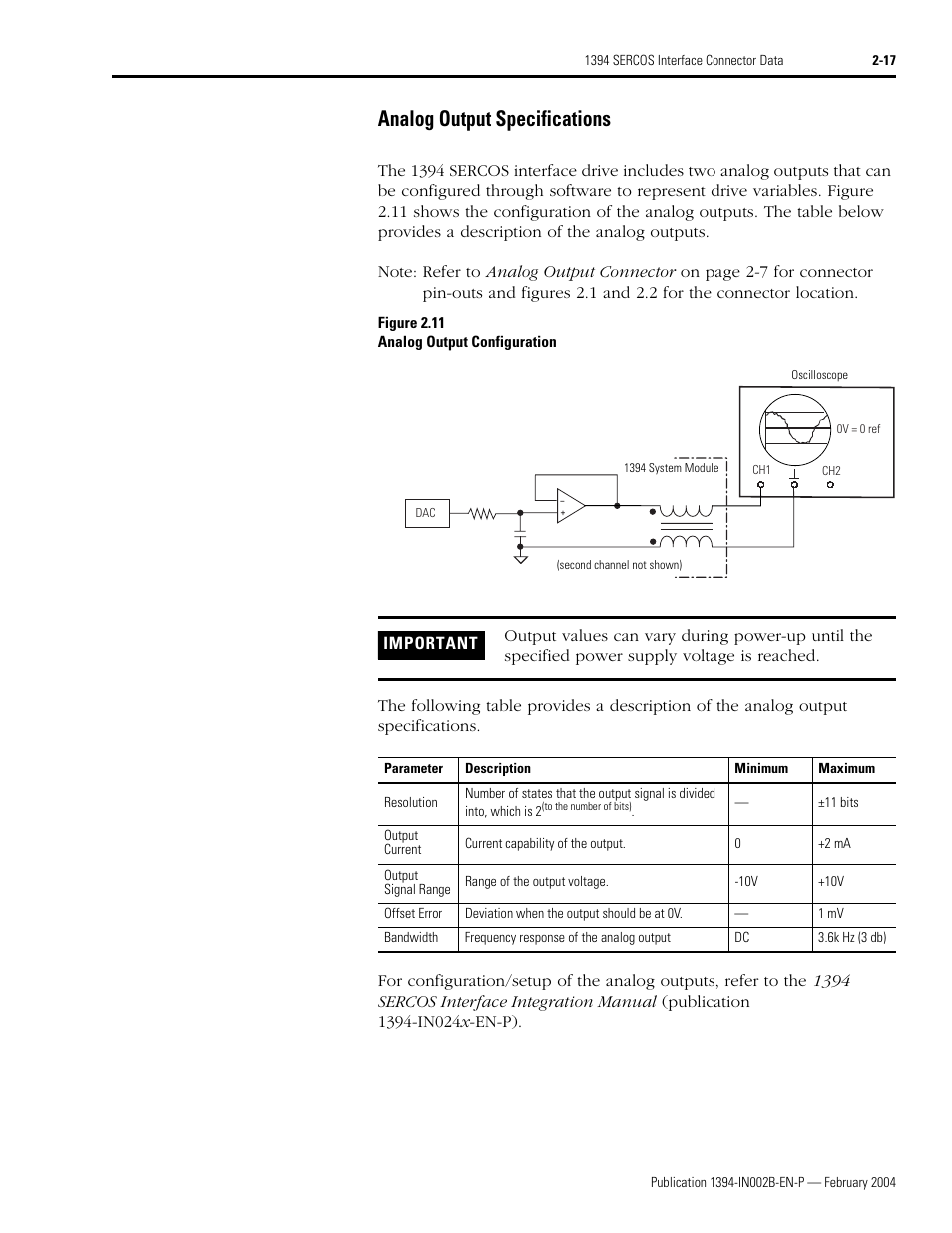 Analog output specifications, Analog output specifications -17, 17 fo | Rockwell Automation 1394 SERCOS Interface Multi-Axis Motion Control System Installation Manual User Manual | Page 49 / 147