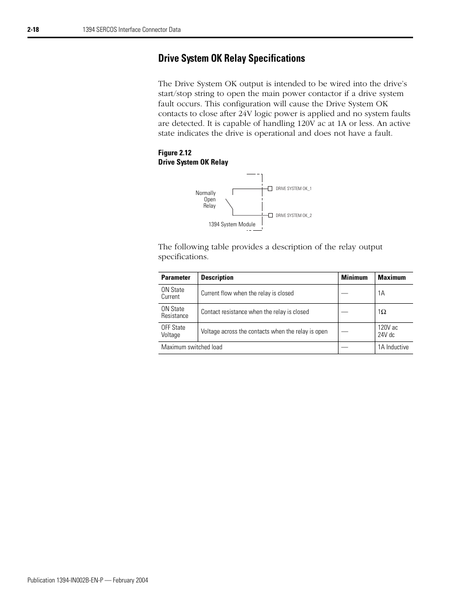 Drive system ok relay specifications, Drive system ok relay specifications -18 | Rockwell Automation 1394 SERCOS Interface Multi-Axis Motion Control System Installation Manual User Manual | Page 50 / 147