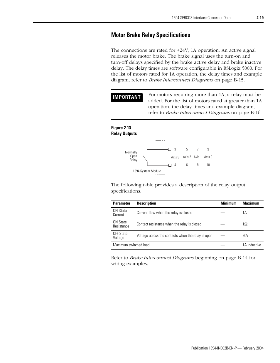 Motor brake relay specifications, Motor brake relay specifications -19, D motor brake relay specifications | 19 fo | Rockwell Automation 1394 SERCOS Interface Multi-Axis Motion Control System Installation Manual User Manual | Page 51 / 147