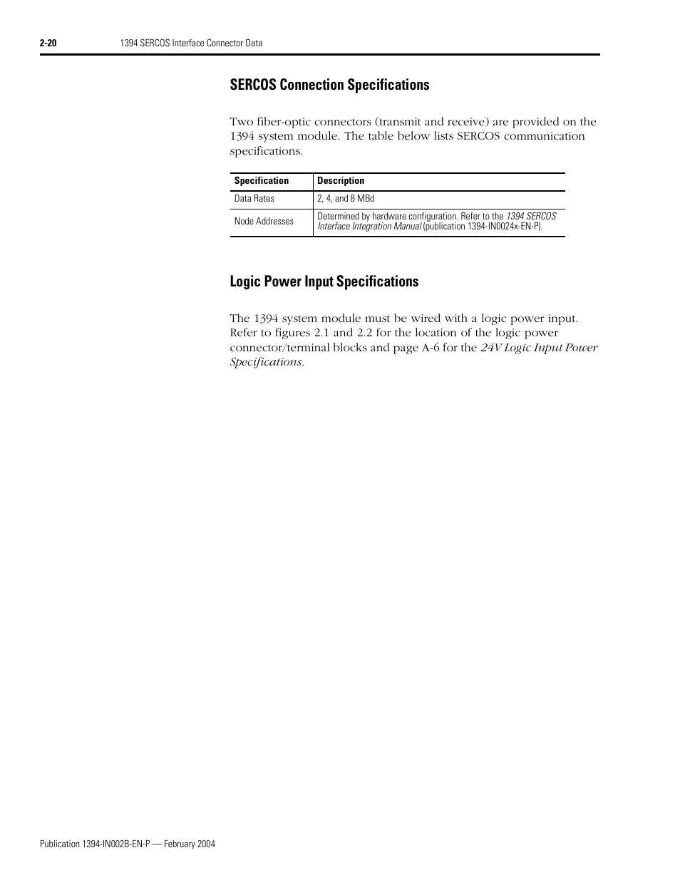 Sercos connection specifications, Logic power input specifications, Ge 2-20 fo | Rockwell Automation 1394 SERCOS Interface Multi-Axis Motion Control System Installation Manual User Manual | Page 52 / 147