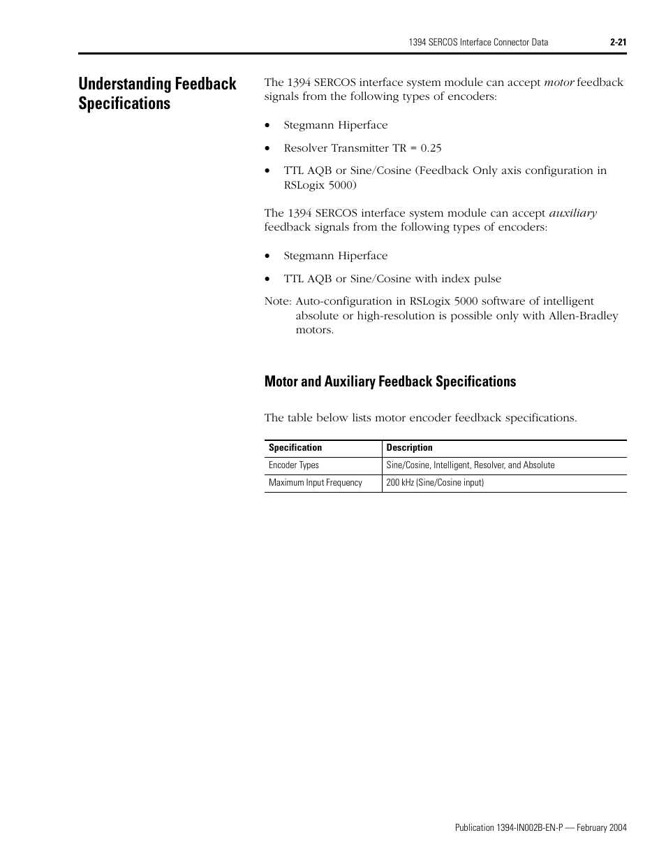 Understanding feedback specifications, Motor and auxiliary feedback specifications, Understanding feedback specifications -21 | Motor and auxiliary feedback specifications -21 | Rockwell Automation 1394 SERCOS Interface Multi-Axis Motion Control System Installation Manual User Manual | Page 53 / 147