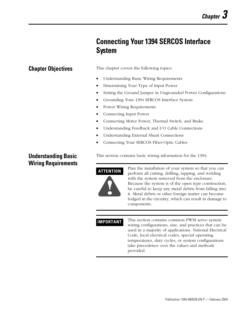 Chapter 3 - connecting your 1394 sercos, Chapter objectives, Understanding basic wiring requirements | Chapter 3, Connecting your 1394 sercos interface system, Chapter 3 for, Chapter | Rockwell Automation 1394 SERCOS Interface Multi-Axis Motion Control System Installation Manual User Manual | Page 55 / 147