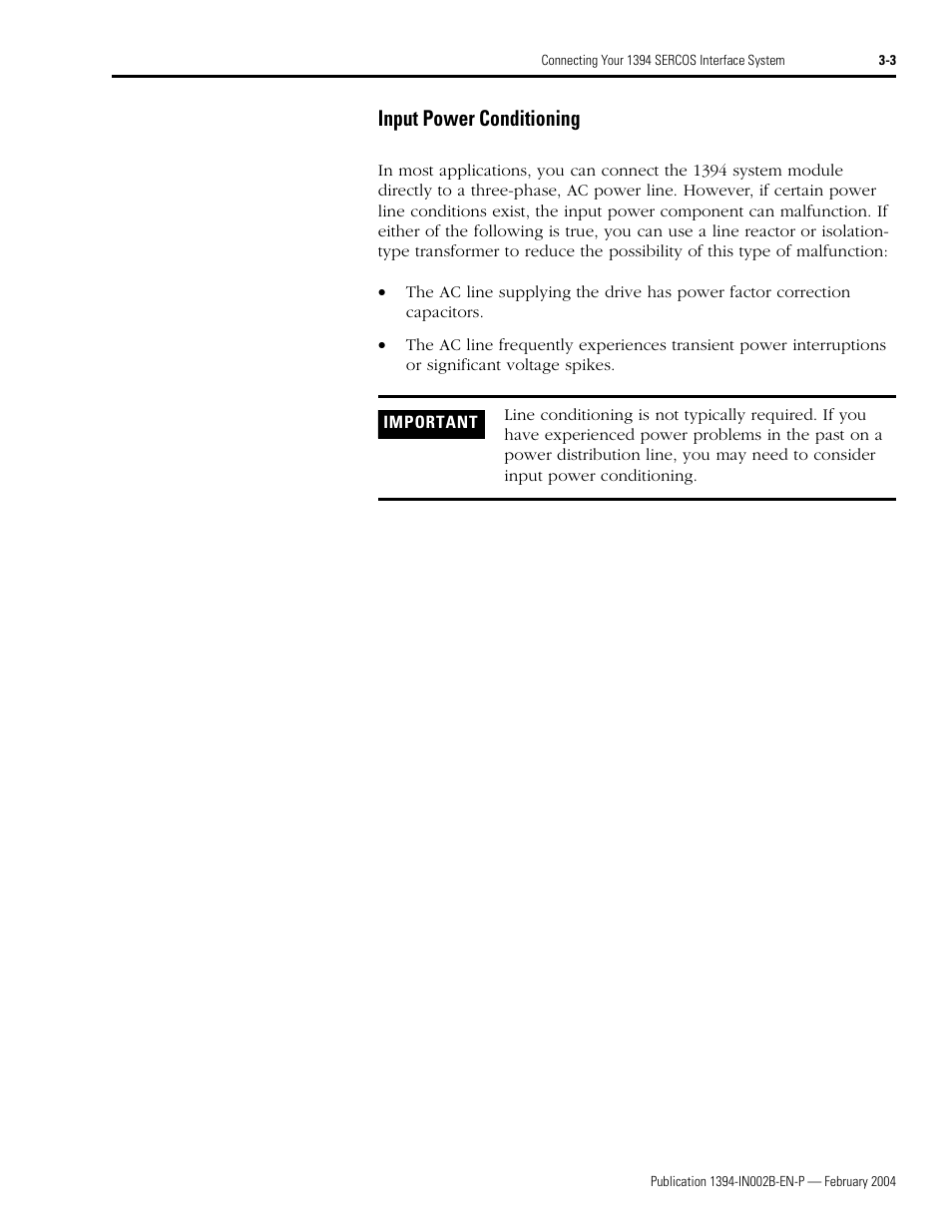 Input power conditioning, Input power conditioning -3 | Rockwell Automation 1394 SERCOS Interface Multi-Axis Motion Control System Installation Manual User Manual | Page 57 / 147