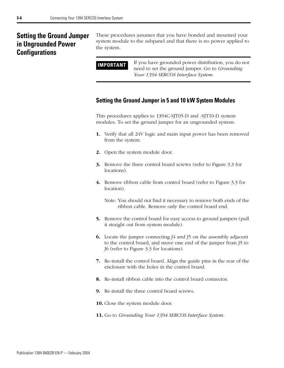 Setting the ground jumper in ungrounded power, Configurations -6, Setting the ground jumper in 5 and 10 kw | System modules -6 | Rockwell Automation 1394 SERCOS Interface Multi-Axis Motion Control System Installation Manual User Manual | Page 60 / 147