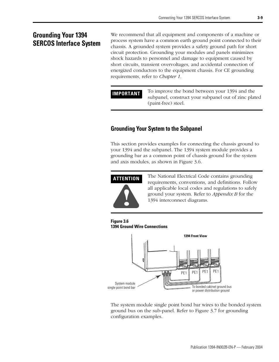 Grounding your 1394 sercos interface system, Grounding your system to the subpanel, Grounding your 1394 sercos interface system -9 | Grounding your system to the subpanel -9 | Rockwell Automation 1394 SERCOS Interface Multi-Axis Motion Control System Installation Manual User Manual | Page 63 / 147