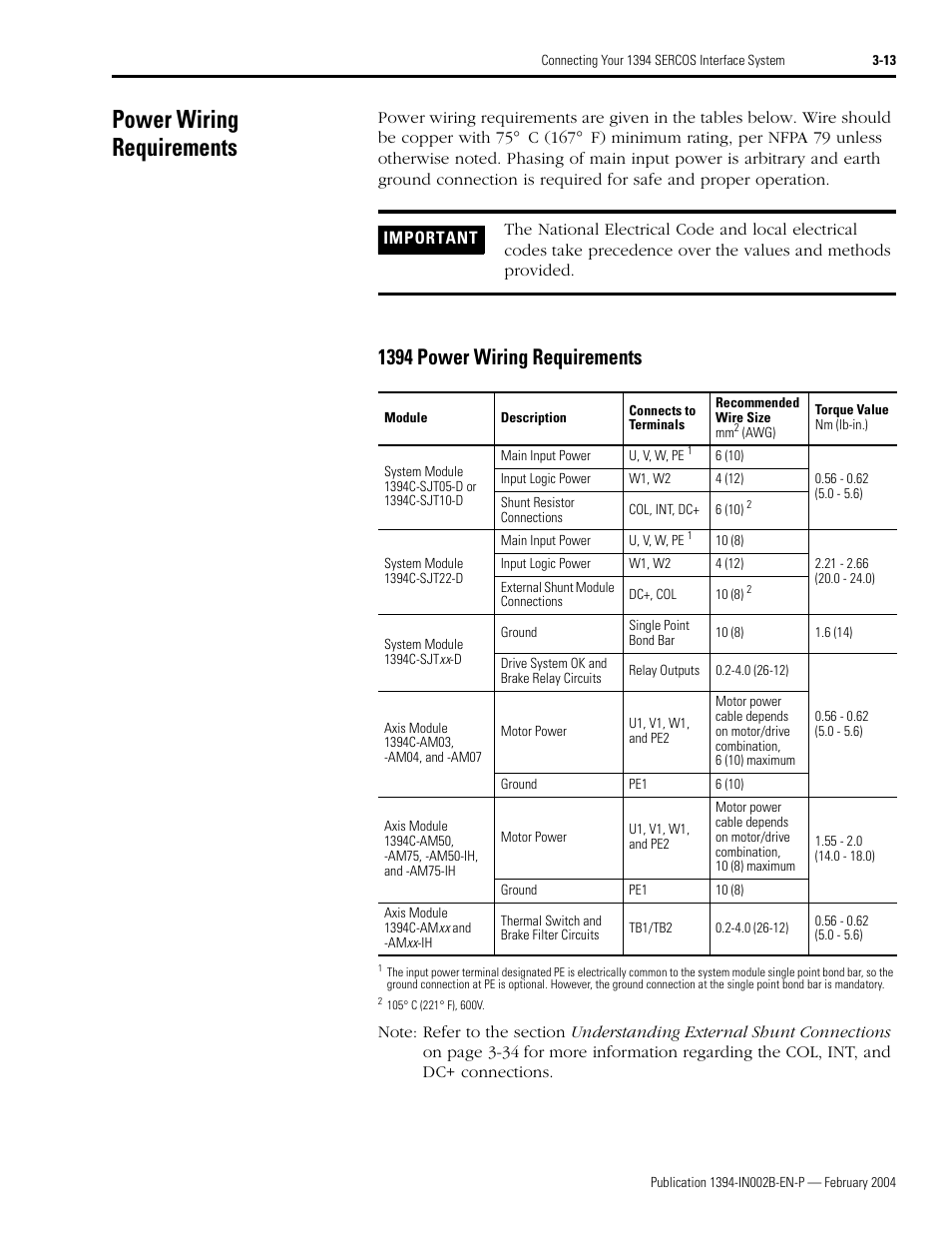 Power wiring requirements, 1394 power wiring requirements, Power wiring requirements -13 | 1394 power wiring requirements -13 | Rockwell Automation 1394 SERCOS Interface Multi-Axis Motion Control System Installation Manual User Manual | Page 67 / 147