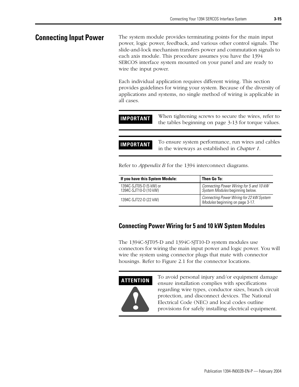 Connecting input power, Connecting input power -15, Connecting power wiring for 5 and 10 kw | System modules -15 | Rockwell Automation 1394 SERCOS Interface Multi-Axis Motion Control System Installation Manual User Manual | Page 69 / 147