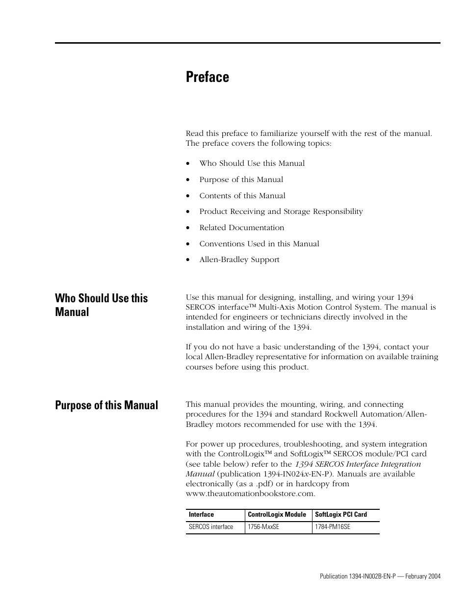 Preface, Who should use this manual, Purpose of this manual | Rockwell Automation 1394 SERCOS Interface Multi-Axis Motion Control System Installation Manual User Manual | Page 7 / 147