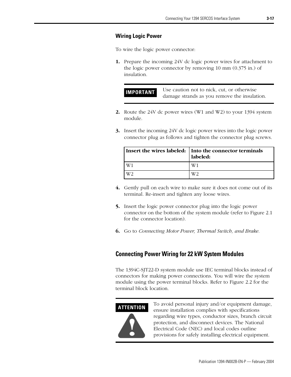 Connecting power wiring for 22 kw system modules | Rockwell Automation 1394 SERCOS Interface Multi-Axis Motion Control System Installation Manual User Manual | Page 71 / 147