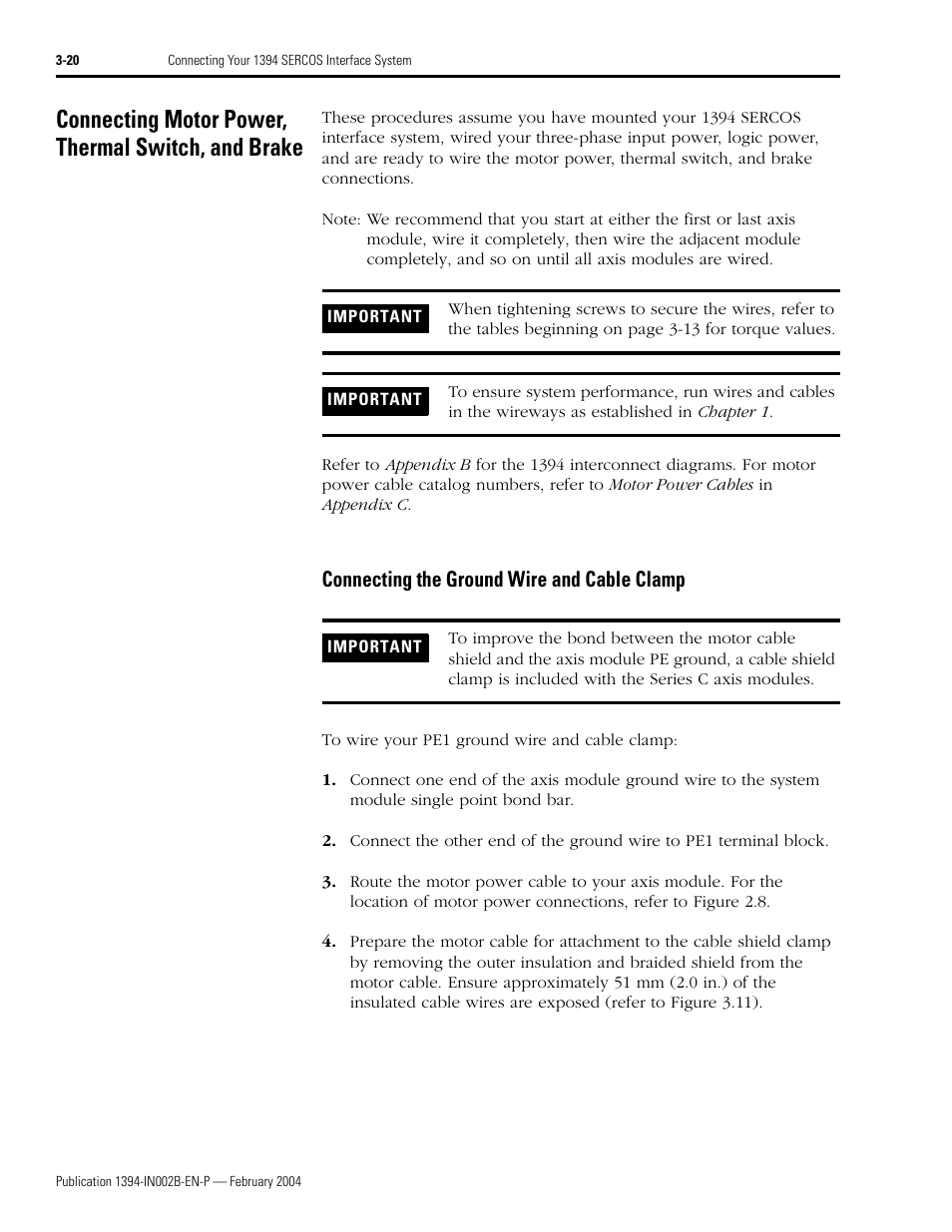 Connecting motor power, thermal switch, and brake, Connecting the ground wire and cable clamp, Connecting the ground wire and cable clamp -20 | Rockwell Automation 1394 SERCOS Interface Multi-Axis Motion Control System Installation Manual User Manual | Page 74 / 147