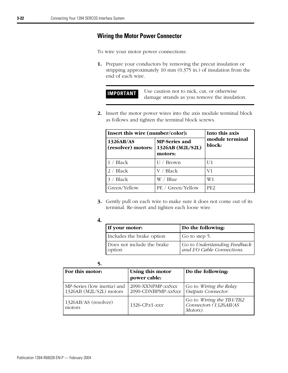 Wiring the motor power connector, Wiring the motor power connector -22 | Rockwell Automation 1394 SERCOS Interface Multi-Axis Motion Control System Installation Manual User Manual | Page 76 / 147
