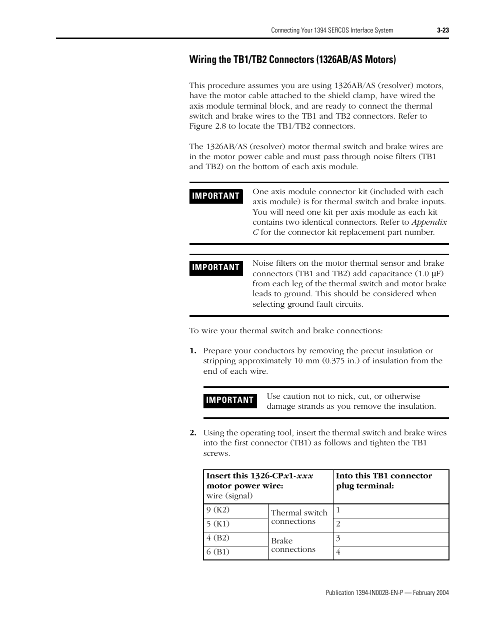 Wiring the tb1/tb2 connectors (1326ab/as motors) | Rockwell Automation 1394 SERCOS Interface Multi-Axis Motion Control System Installation Manual User Manual | Page 77 / 147