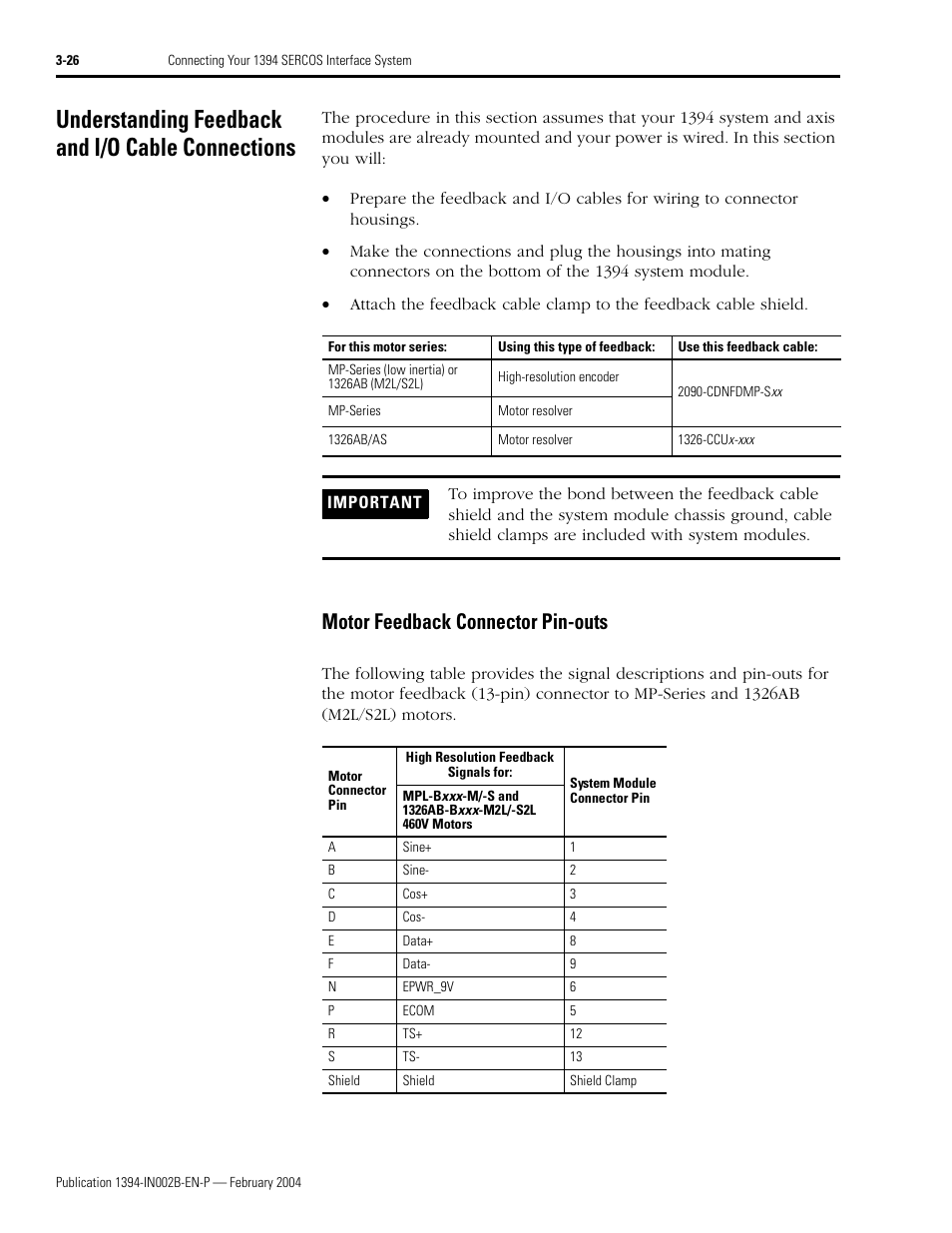 Understanding feedback and i/o cable connections, Motor feedback connector pin-outs, Motor feedback connector pin-outs -26 | Rockwell Automation 1394 SERCOS Interface Multi-Axis Motion Control System Installation Manual User Manual | Page 80 / 147