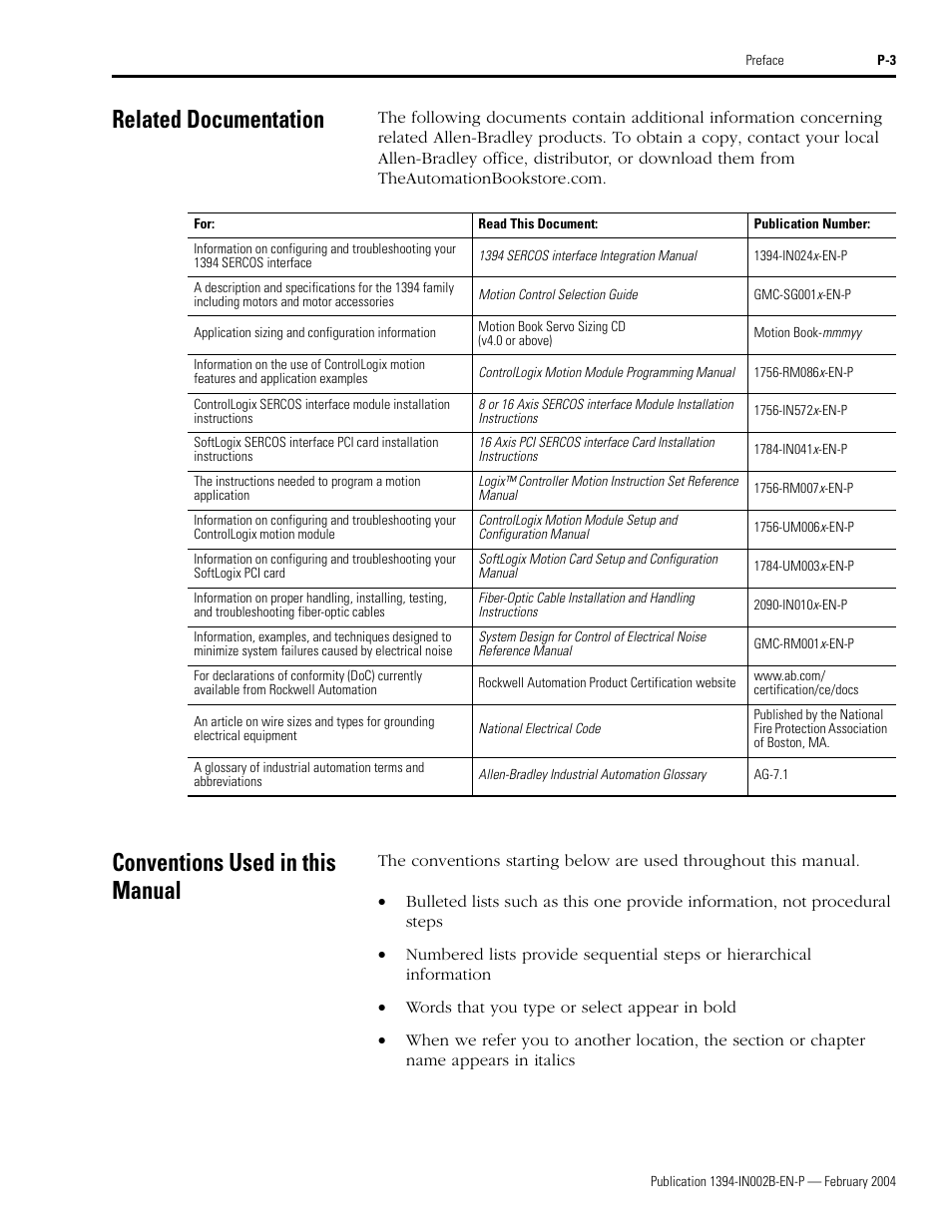 Related documentation, Conventions used in this manual | Rockwell Automation 1394 SERCOS Interface Multi-Axis Motion Control System Installation Manual User Manual | Page 9 / 147