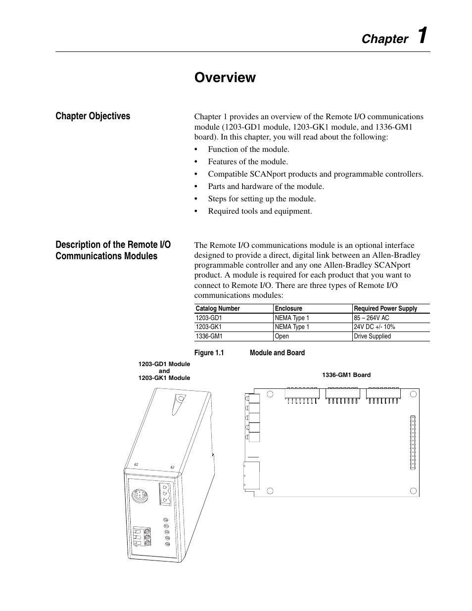 Chapter 1, Overview, Chapter | Rockwell Automation 1336-GM1 Remote I/O Communications Module User Manual | Page 11 / 96