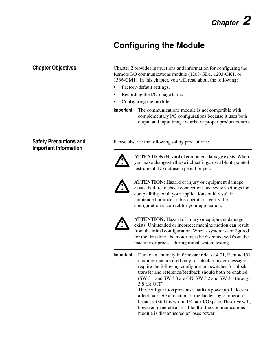 Chapter 2, Configuring the module, The dip switches. refer to chapter 2 | Chapter | Rockwell Automation 1336-GM1 Remote I/O Communications Module User Manual | Page 17 / 96