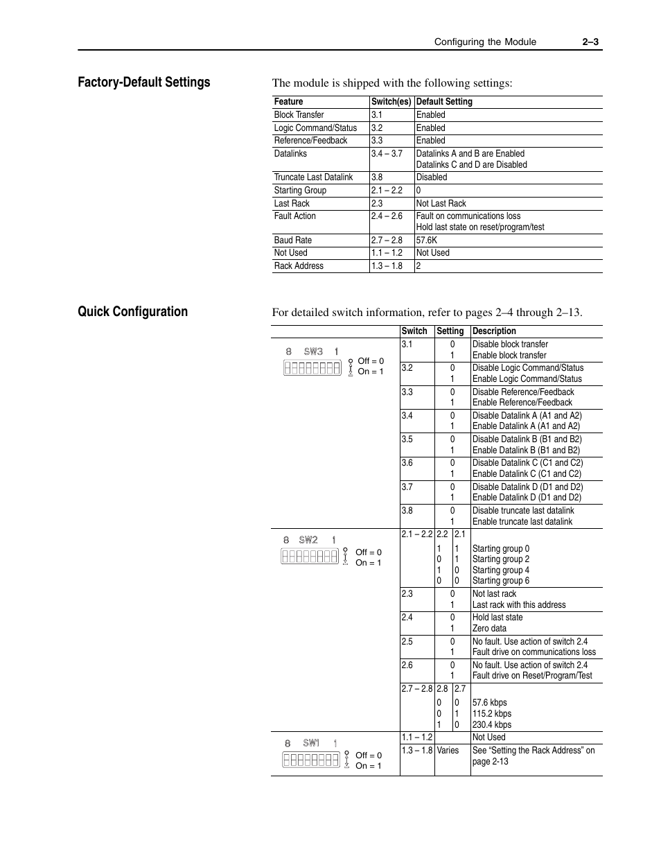Factory-default settings -3 quick configuration -3, Factory-default settings, Quick configuration | Rockwell Automation 1336-GM1 Remote I/O Communications Module User Manual | Page 19 / 96