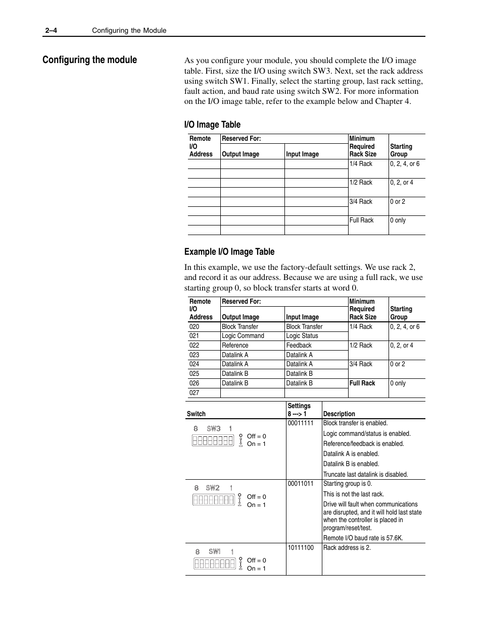 Configuring the module -4, Configuring the module, I/o image table example i/o image table | Rockwell Automation 1336-GM1 Remote I/O Communications Module User Manual | Page 20 / 96