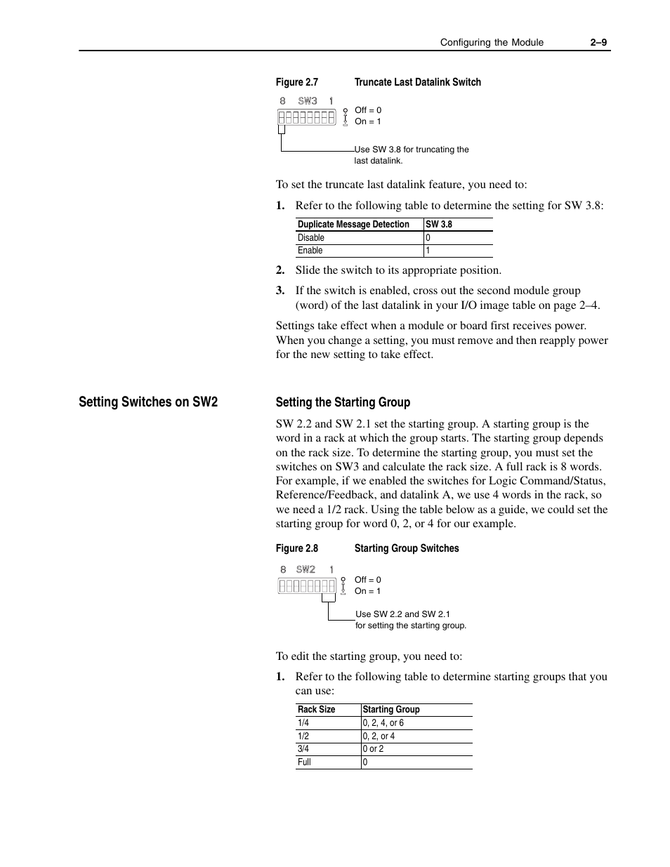 Setting switches on sw2 -8, Setting switches on sw2 | Rockwell Automation 1336-GM1 Remote I/O Communications Module User Manual | Page 25 / 96