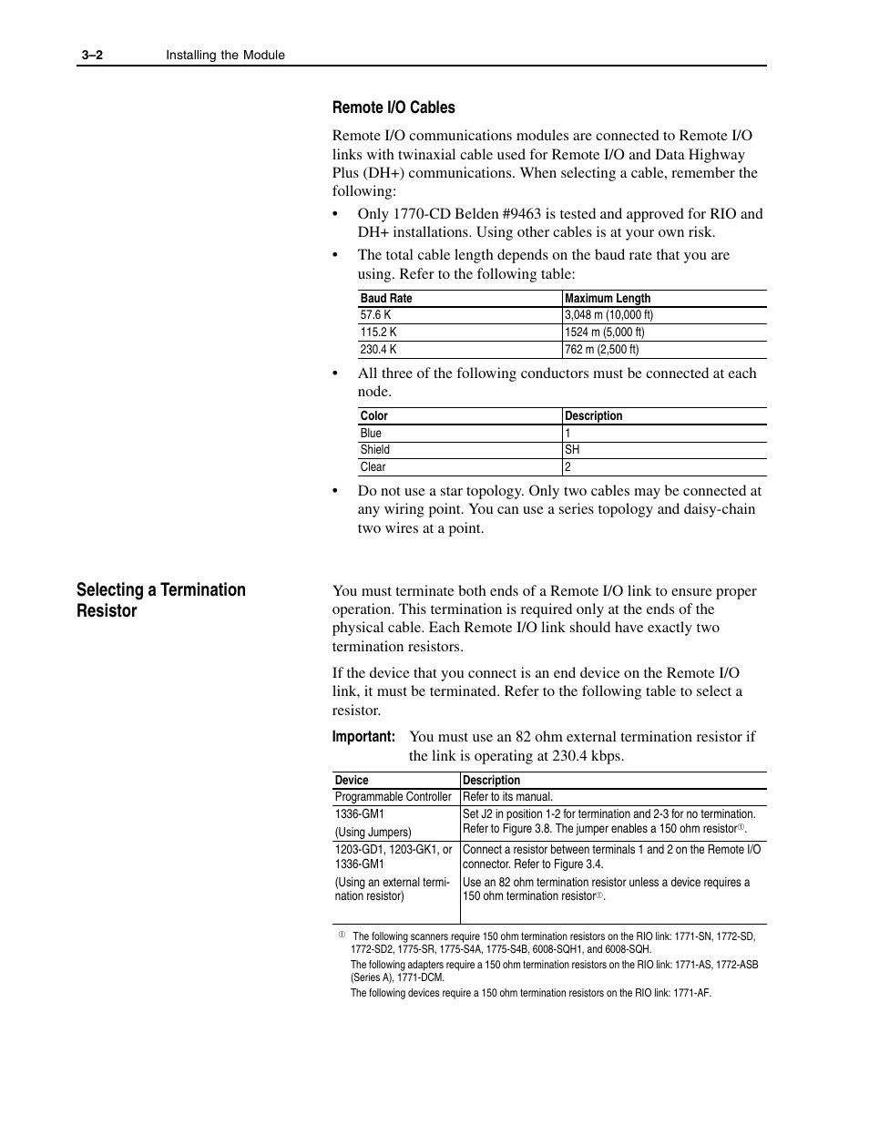Selecting a termination resistor -2, Selecting a termination resistor | Rockwell Automation 1336-GM1 Remote I/O Communications Module User Manual | Page 32 / 96