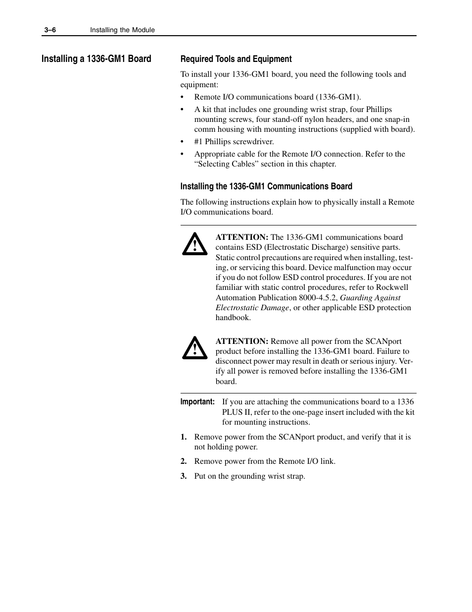 Installing a 1336-gm1 board -6 | Rockwell Automation 1336-GM1 Remote I/O Communications Module User Manual | Page 36 / 96