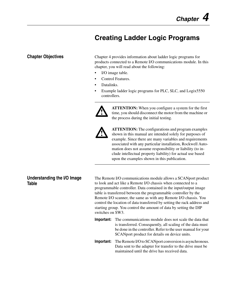 Chapter 4, Creating ladder logic programs, Chapter 4) | Chapter | Rockwell Automation 1336-GM1 Remote I/O Communications Module User Manual | Page 39 / 96