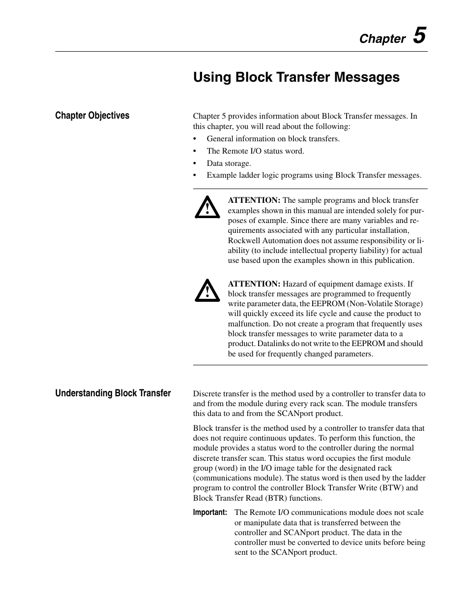Chapter 5, Using block transfer messages, Es to it (chapter 5) | Chapter | Rockwell Automation 1336-GM1 Remote I/O Communications Module User Manual | Page 53 / 96