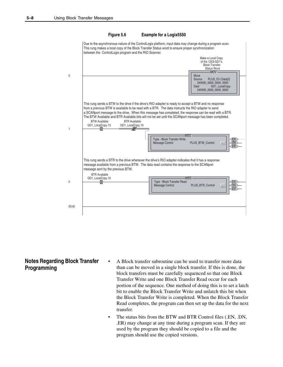 Notes regarding block transfer programming -8 | Rockwell Automation 1336-GM1 Remote I/O Communications Module User Manual | Page 60 / 96