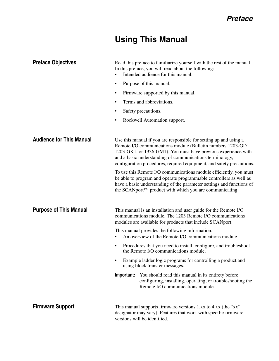 Preface, Using this manual | Rockwell Automation 1336-GM1 Remote I/O Communications Module User Manual | Page 7 / 96