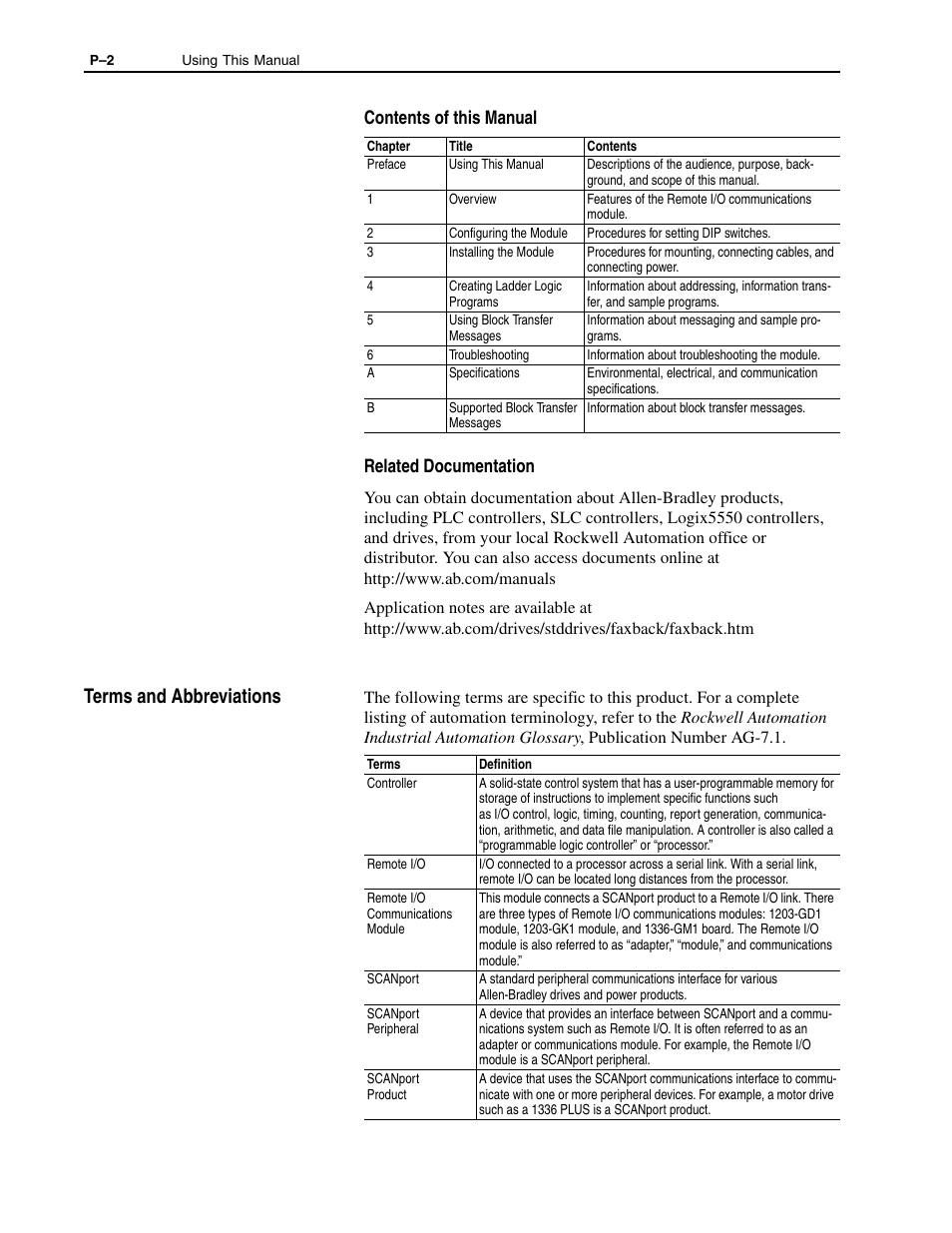 Terms and abbreviations, Contents of this manual related documentation | Rockwell Automation 1336-GM1 Remote I/O Communications Module User Manual | Page 8 / 96