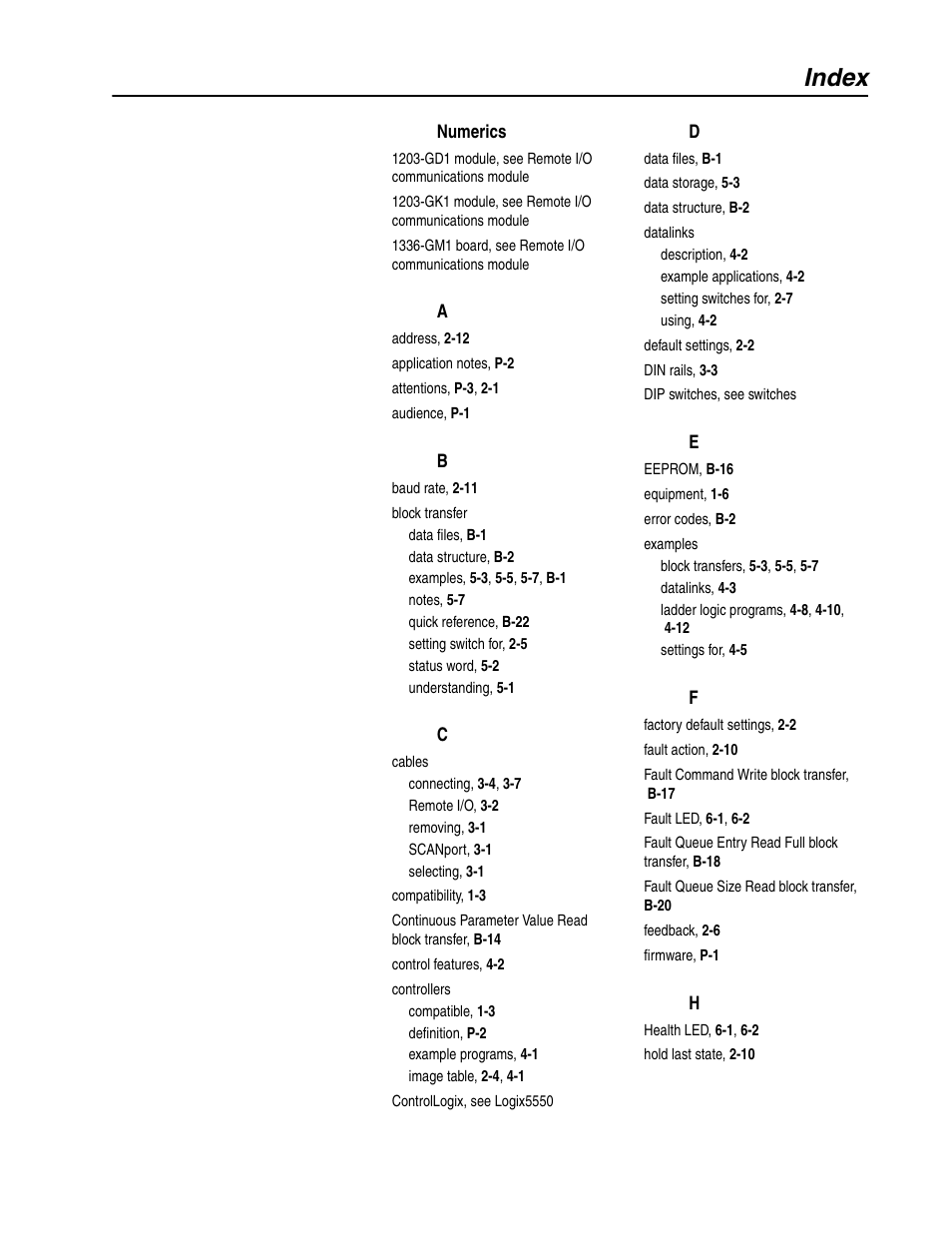 Index | Rockwell Automation 1336-GM1 Remote I/O Communications Module User Manual | Page 89 / 96